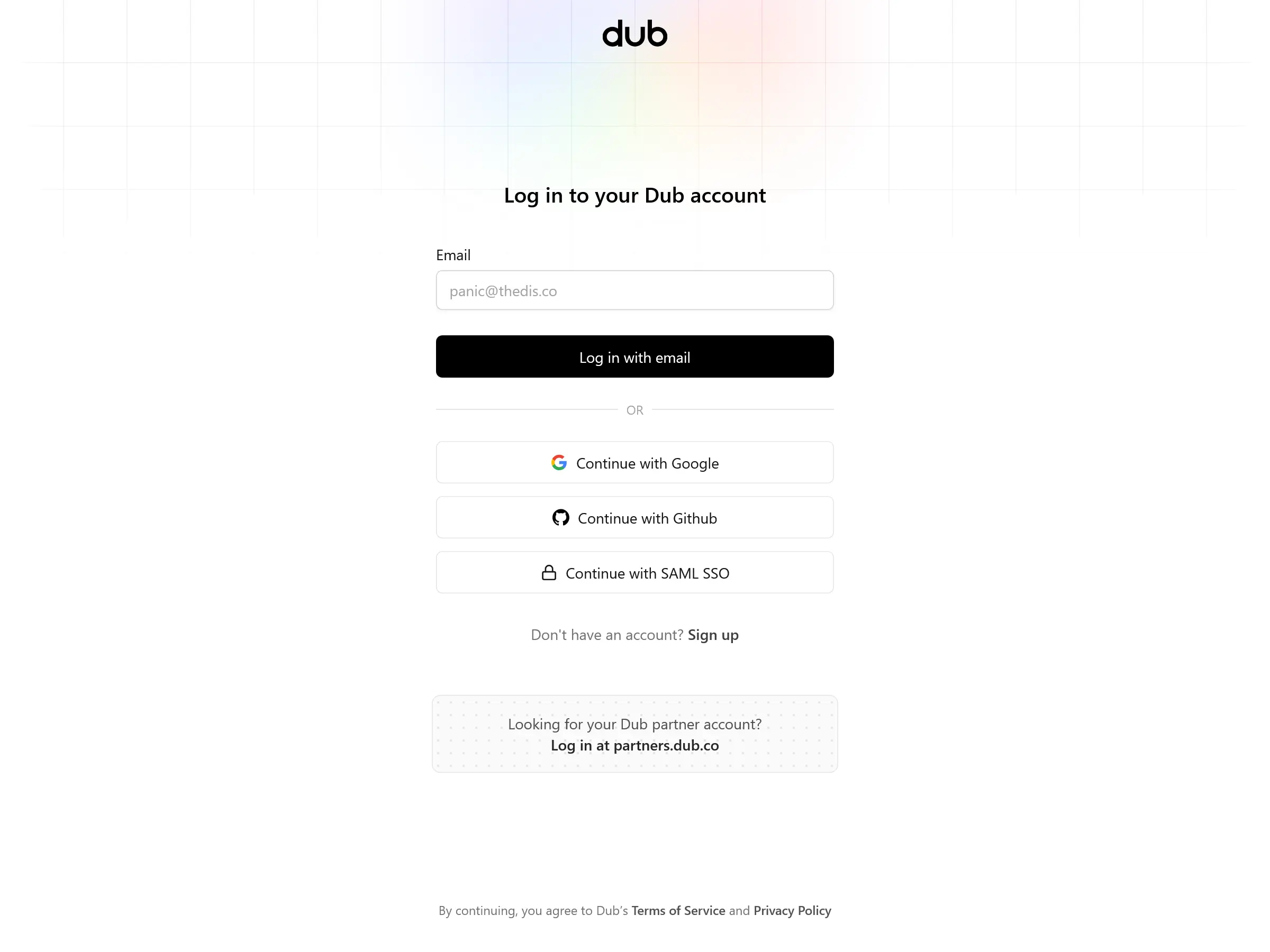 Screenshot of Dub Login Page