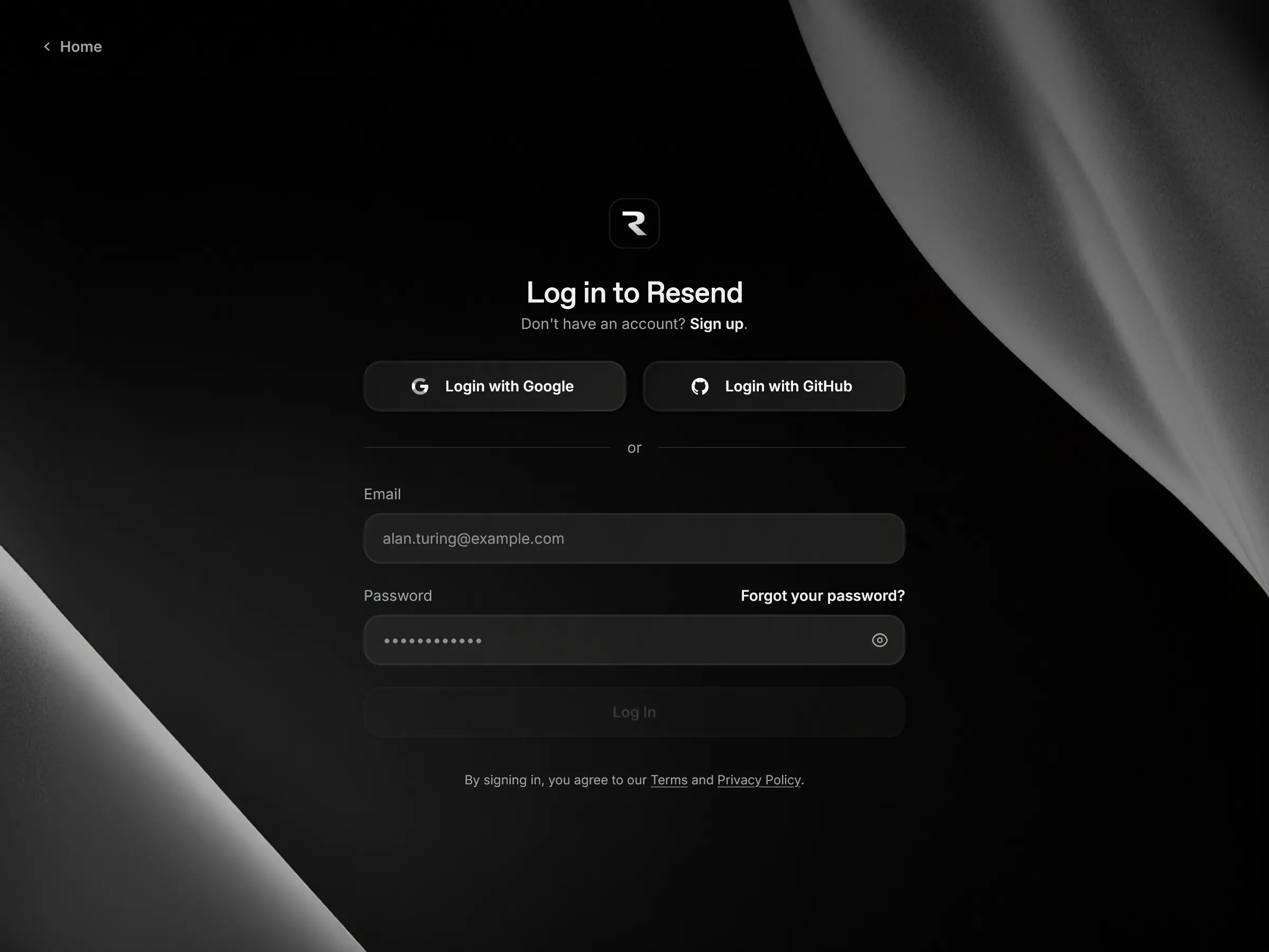 Screenshot of Resend Login Page